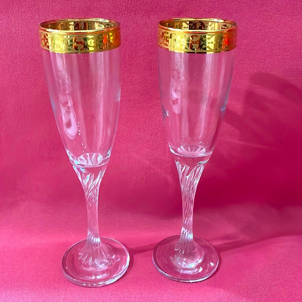 Vintage Tiffin Rambler Rose Optic Wine Stem Gold Trim - W1094